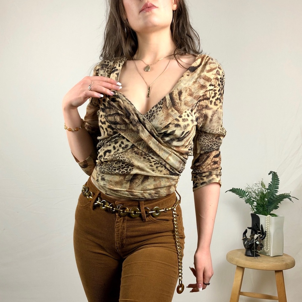 1990s leopard print cross front micromesh blouse